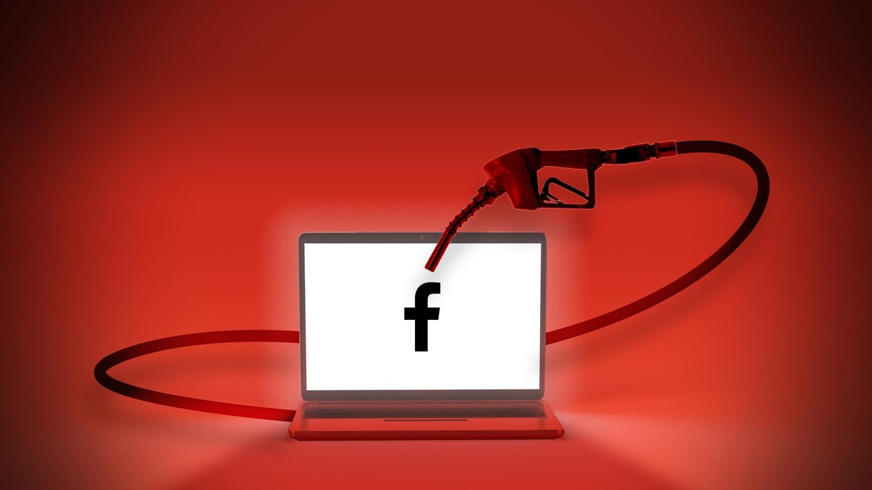 Un pistolet à essence pointe vers le logo de Facebook.