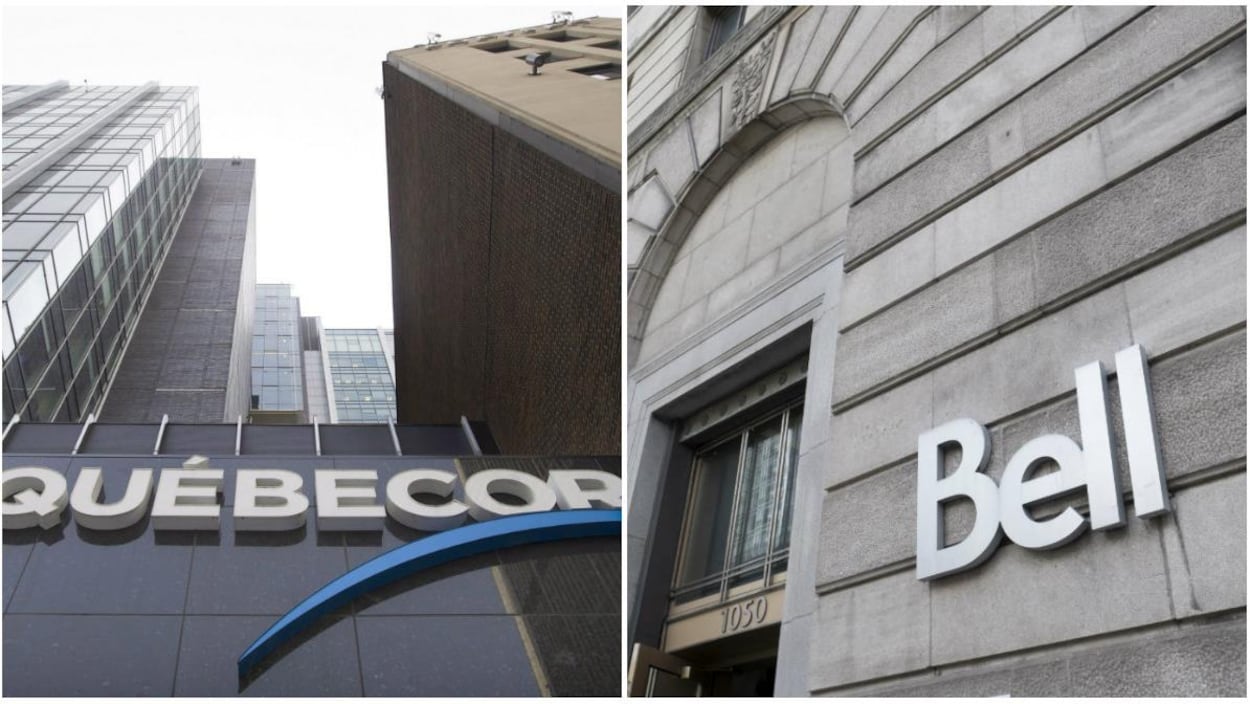 Montage photo du siège social de Québecor à Montréal, à gauche, et des bureaux de Bell à Montréal.