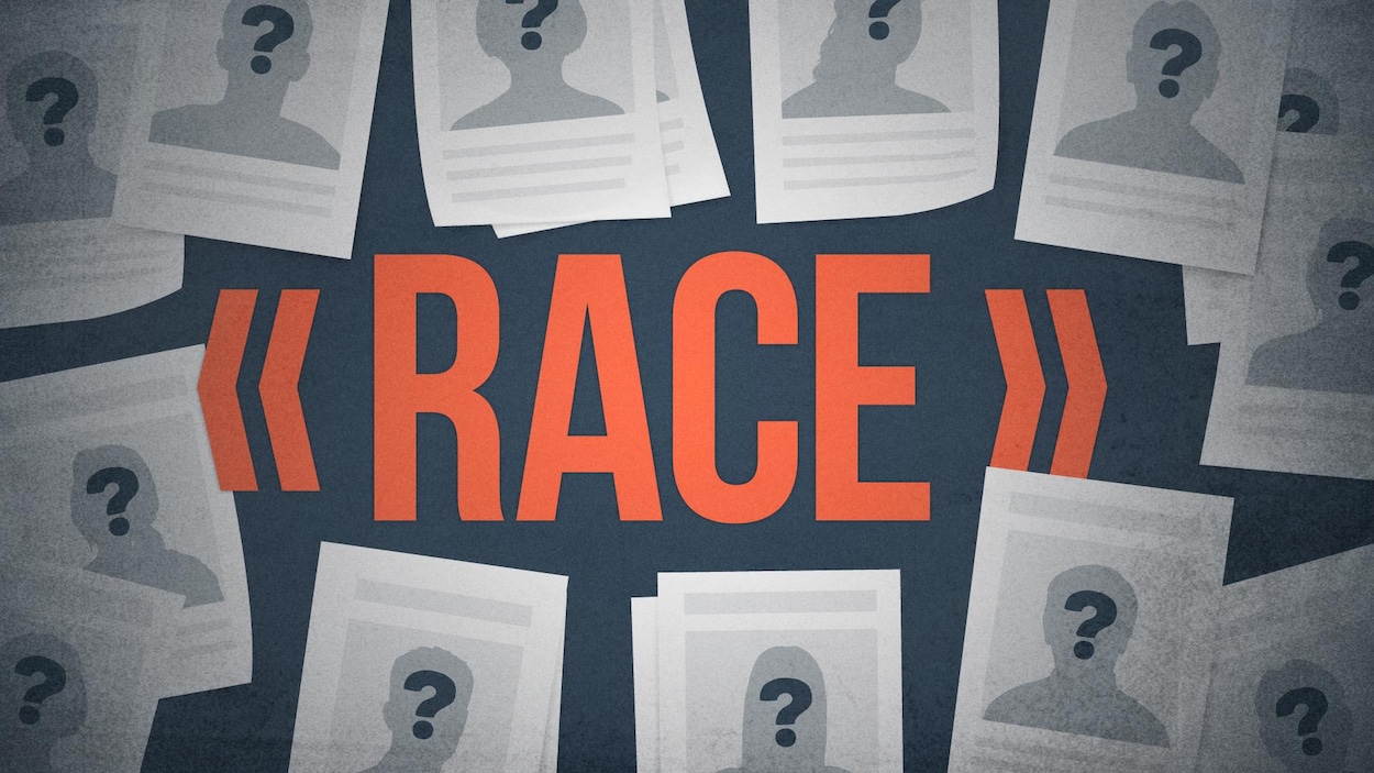 Infographie avec le terme race entouré d'avis de recherche fictifs.