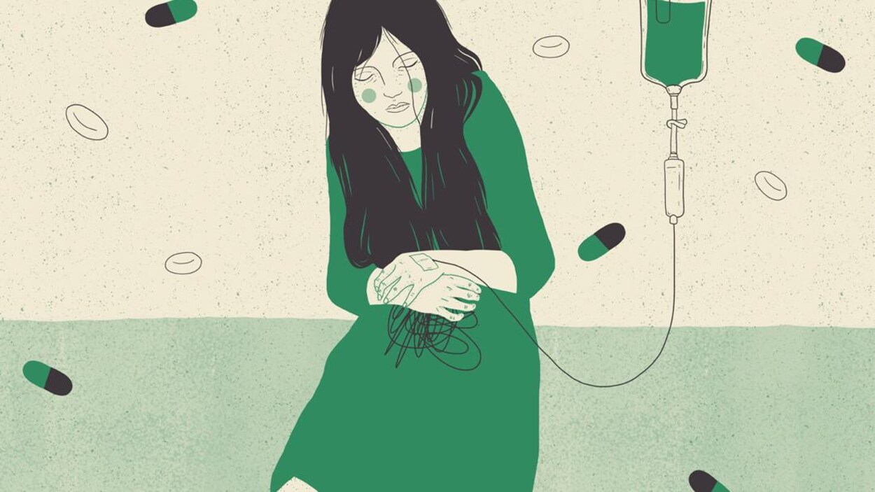 Une illustration montre une jeune femme malade, branchée à un soluté. Une illustration montre une jeune femme malade, branchée à un soluté.