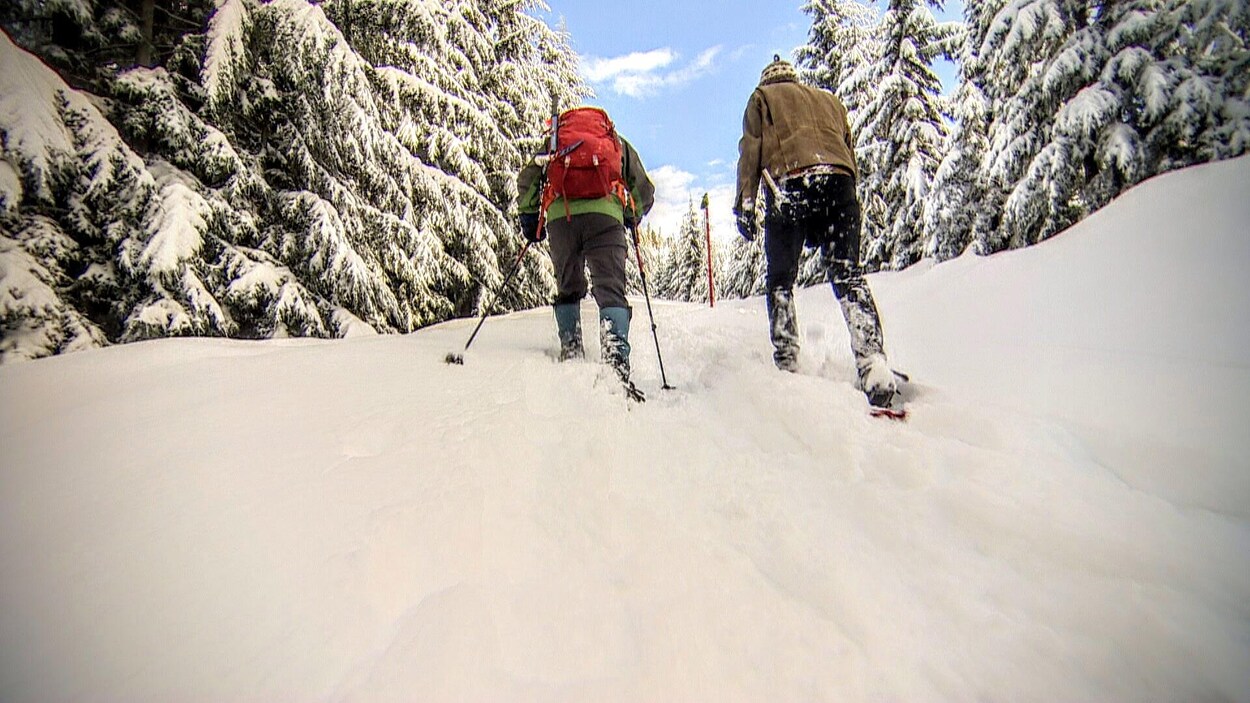 Deux randonneurs en raquettes dans la neige en montagne.