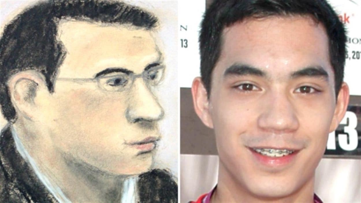 À gauche, un dessin de Matthew de Grood durant son procès et à droite, une photo de Matthew de Grood.