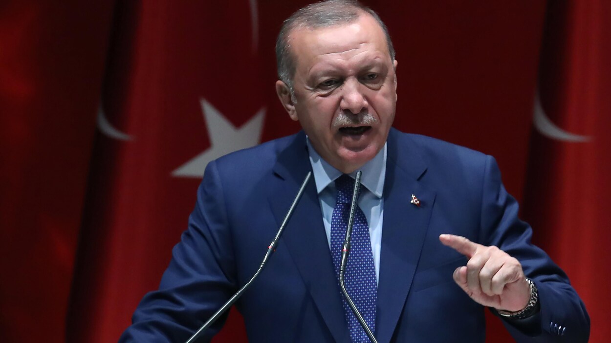 Le président Erdogan, debout, parle dans des micros, devant des drapeaux turcs.