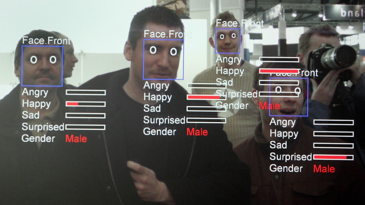 Les expressions du visage de quatre hommes sont analysées par un ordinateur pour détecter leur humeur (fâché, joyeux, triste ou surpris) et leur genre.