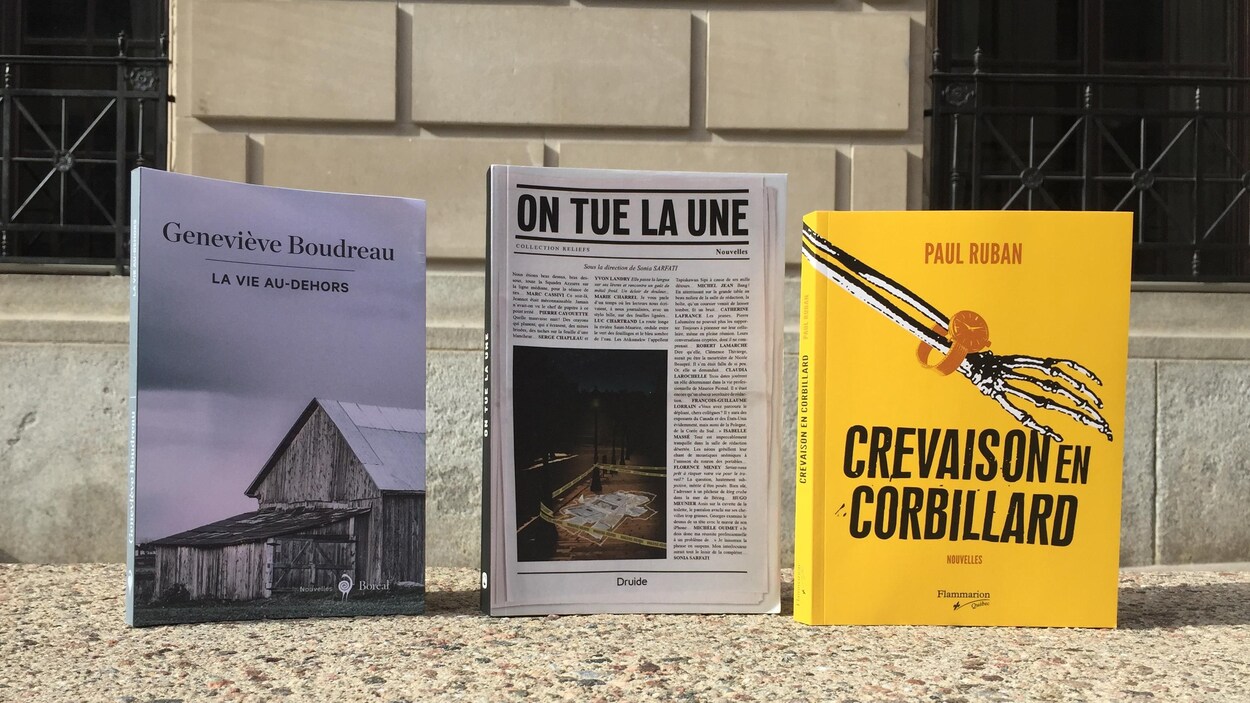 Les trois livres sont debout, sur un muret de béton.