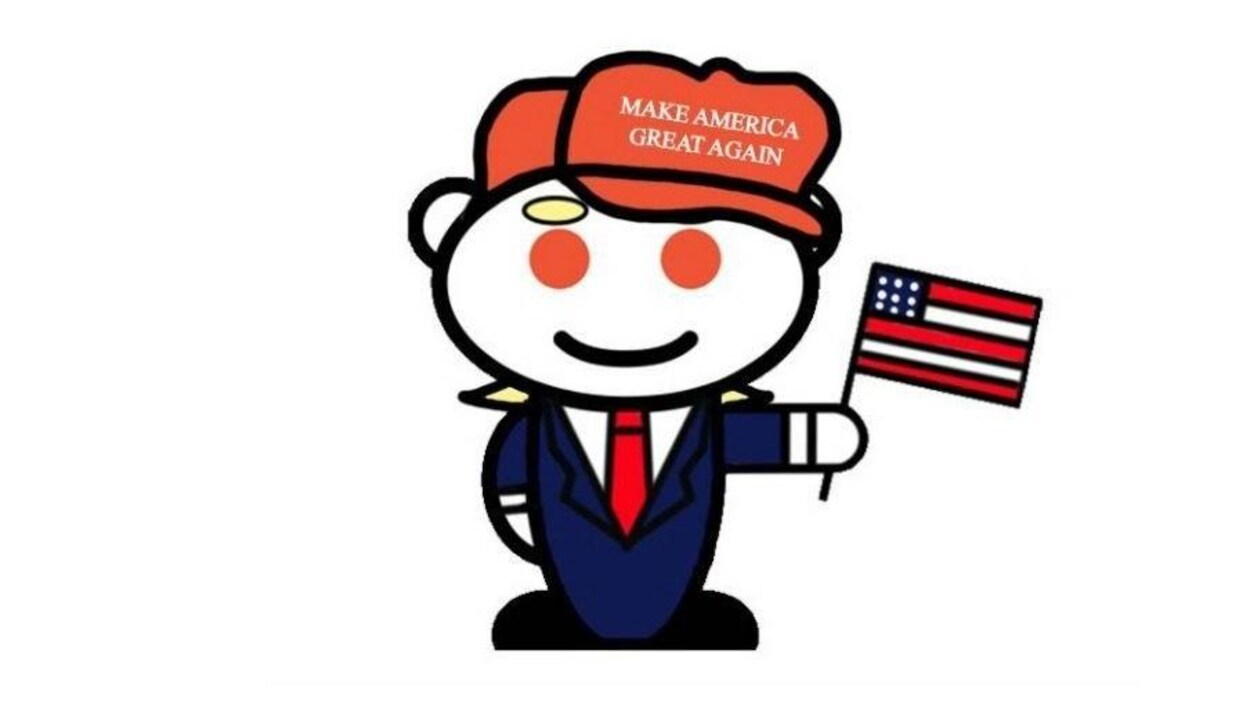 Un extraterreste animé habille aux couleurs de Donald Trump.