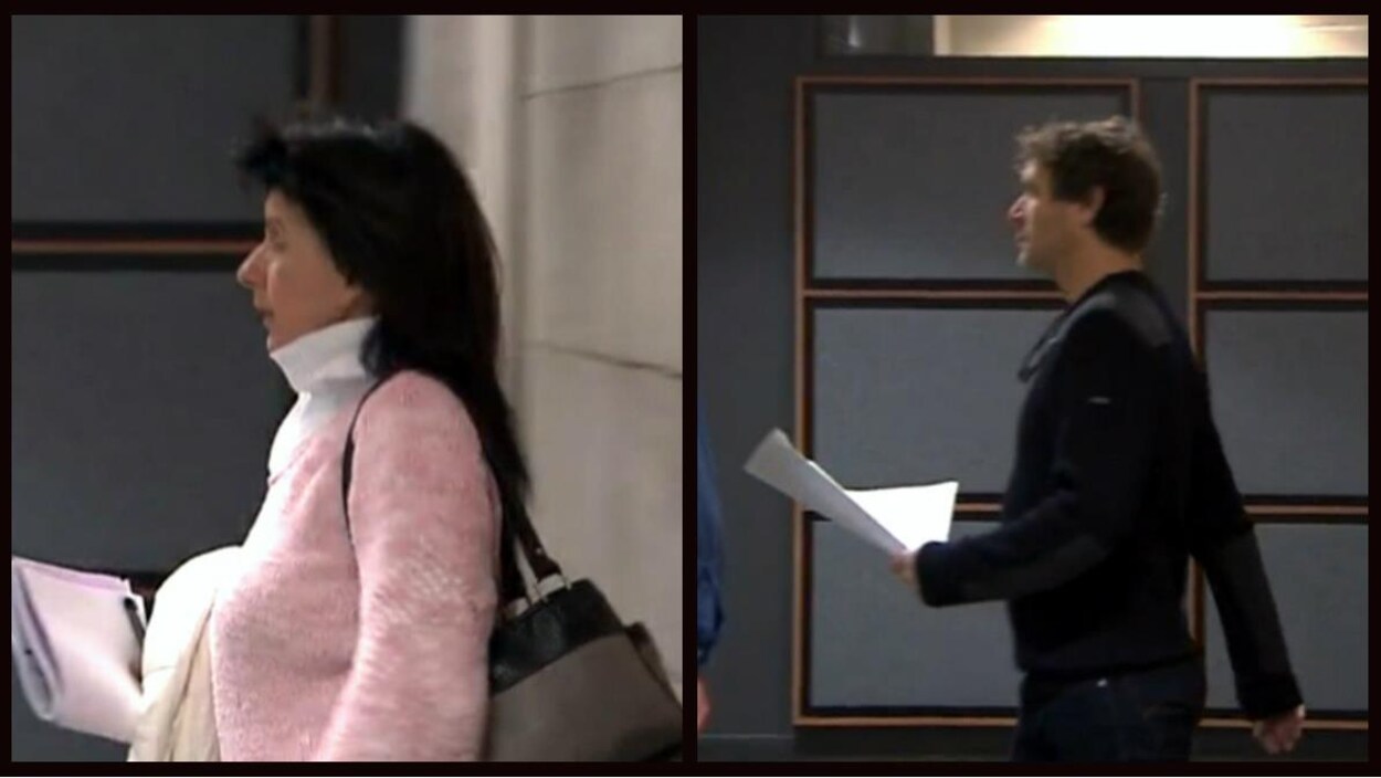 Renée Toupin qui marche et Kevin Parent avec une feuille dans les mains au palais de justice.