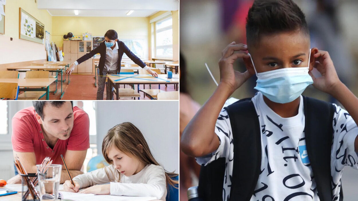 Montage photo : une enseignante mesure la distance entre des pupitres, une jeune femme devant un ordinateur et des enfants portant des masques sur le chemin de l'école.