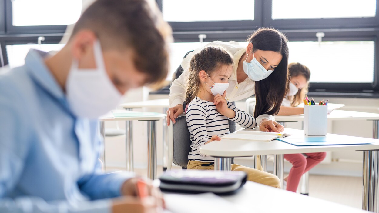 Un groupe de jeunes élèves et leur institutrice portent un masque de protection dans une classe d’école.