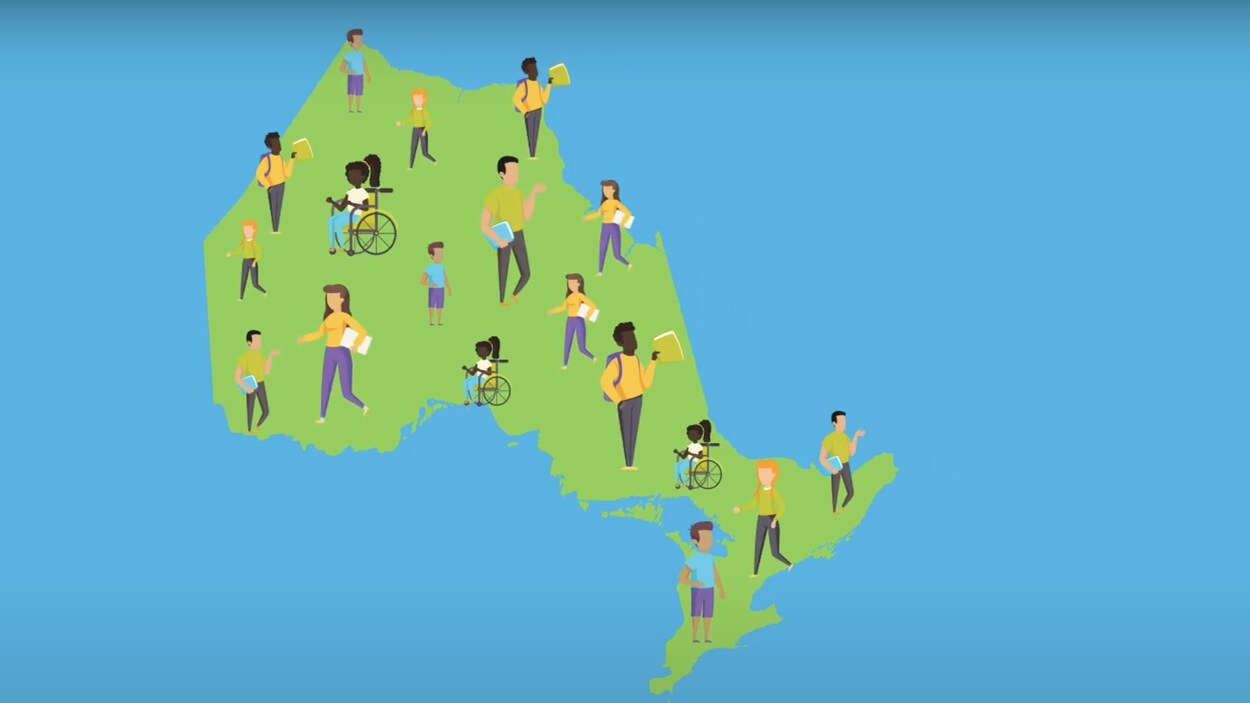Une carte animée de l'Ontario avec des enfants partout sur le territoire.