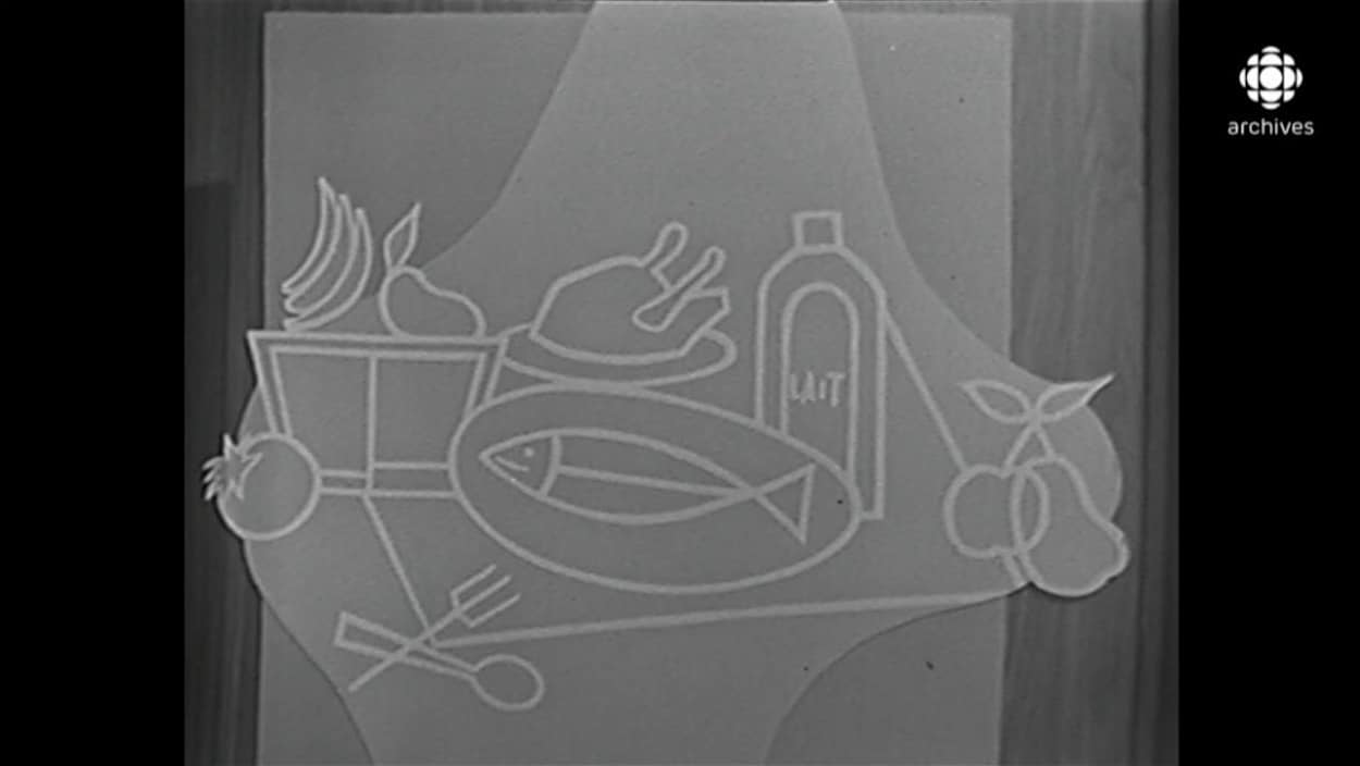 En noir et blanc, dessin représentant différents aliments : une corbeille de fruits, un poulet rôti, un poisson entier et une pinte de lait. En noir et blanc, dessin représentant différents aliments : une corbeille de fruits, un poulet rôti, un poisson entier et une pinte de lait.