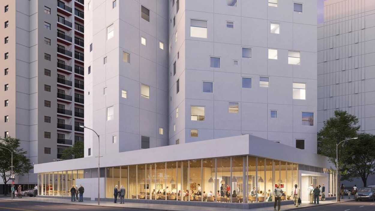 Maquette d'un bâtiment blanc de 14 étages avec un espace commercial au rez-de-chaussée.