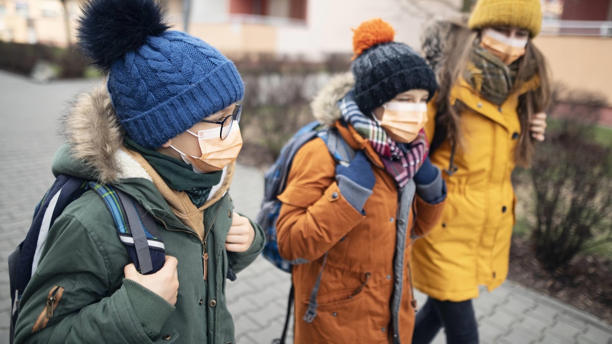Trois jeunes d'âge différents marchent vers l'école avec des sacs à dos. Ils portent chacun un masque non médical et sont habillés pour le temps froid avec un manteau et une tuque.