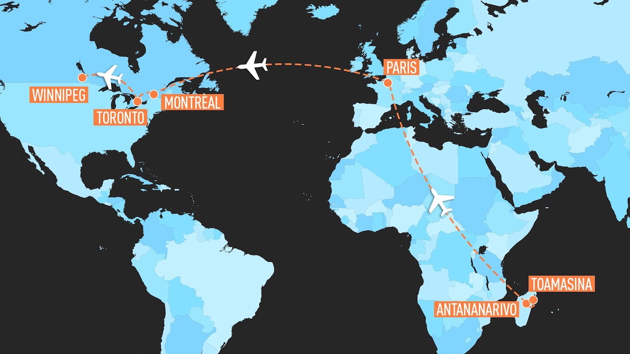 Une carte montre les étapes du trajet : de Toamasina à Antananarivo à Madagascar, puis vers Paris et de là vers Montréal, Toronto et Winnipeg.