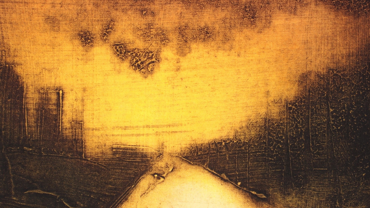 La gravure Finir par arriver quelque part de Richard Séguin représente un chemin semble-t-il entouré d'arbres, le tout éclairé par une lumière qui ressemble à un incendie. La gravure Finir par arriver quelque part de Richard Séguin représente un chemin semble-t-il entouré d'arbres, le tout éclairé par une lumière qui ressemble à un incendie.