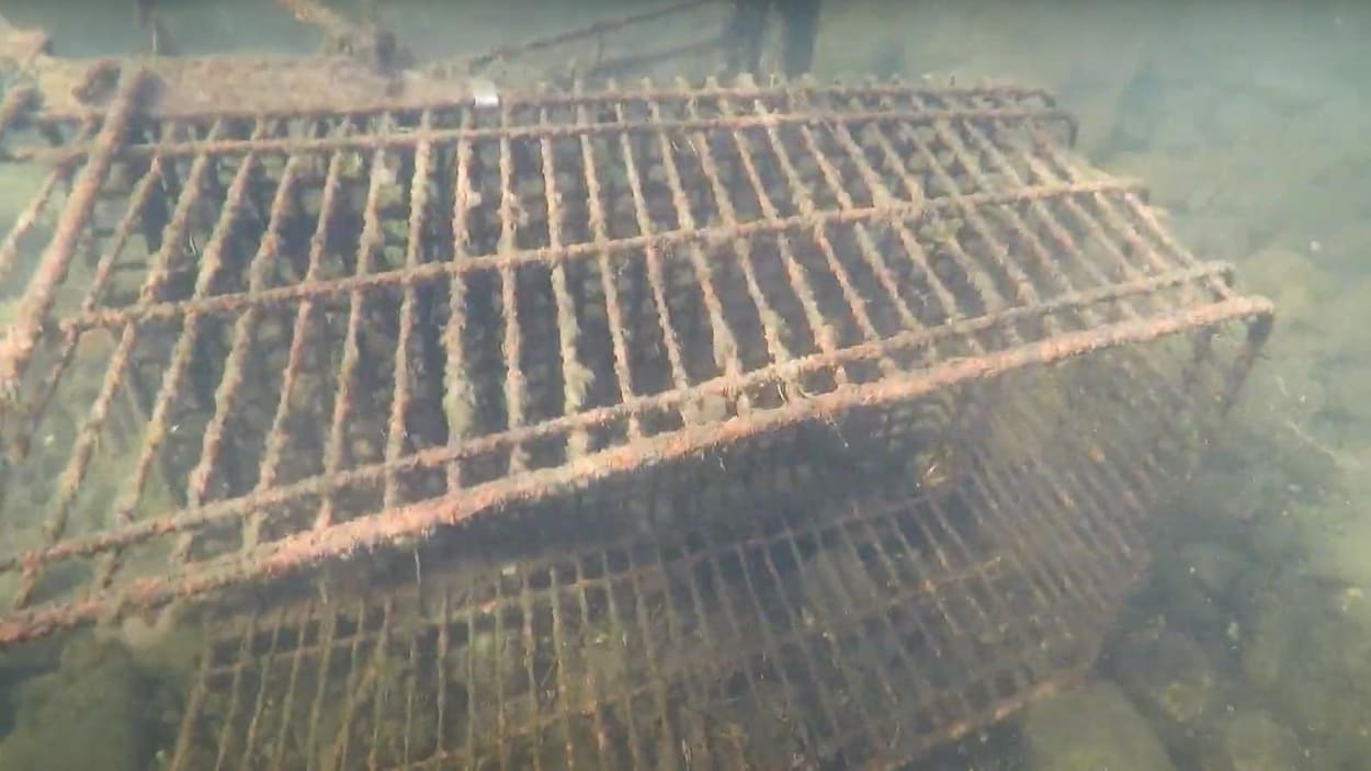 Un panier d'épicerie rouillé dans la rivière Magog.