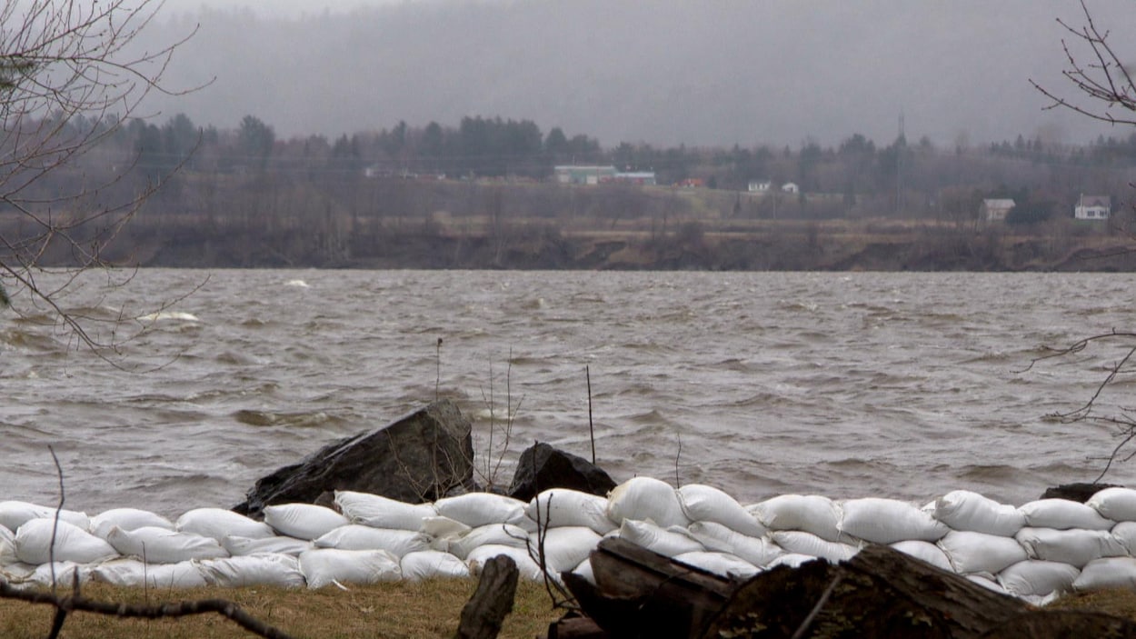 Une petite muraille de sacs protège un terrain d'une rivière agitée.