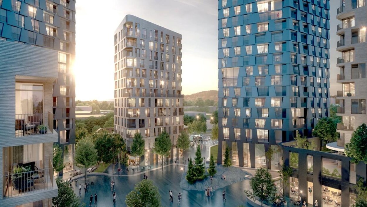 Dessin d'architecte du projet montrant une place entourée d'immeubles à l'aspect moderne.