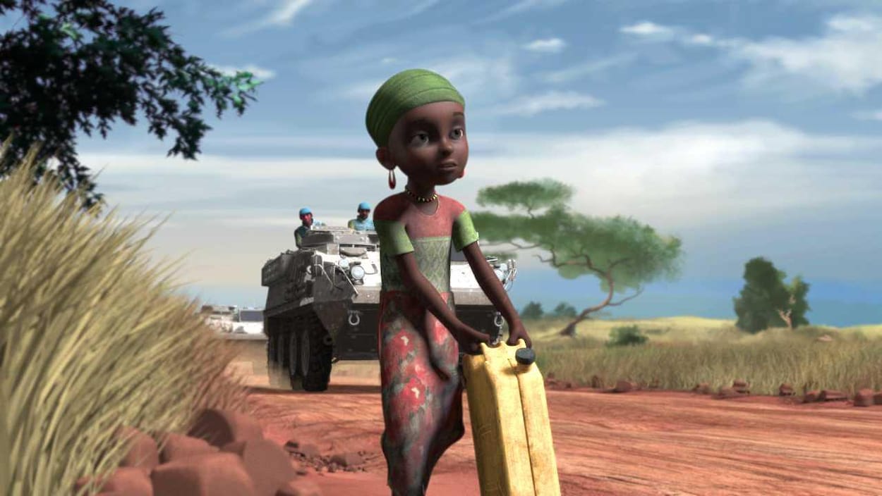 Vidéo d'animation où des soldats du maintien de la paix approche dans un convoi militaire une enfant en bordure de la route.