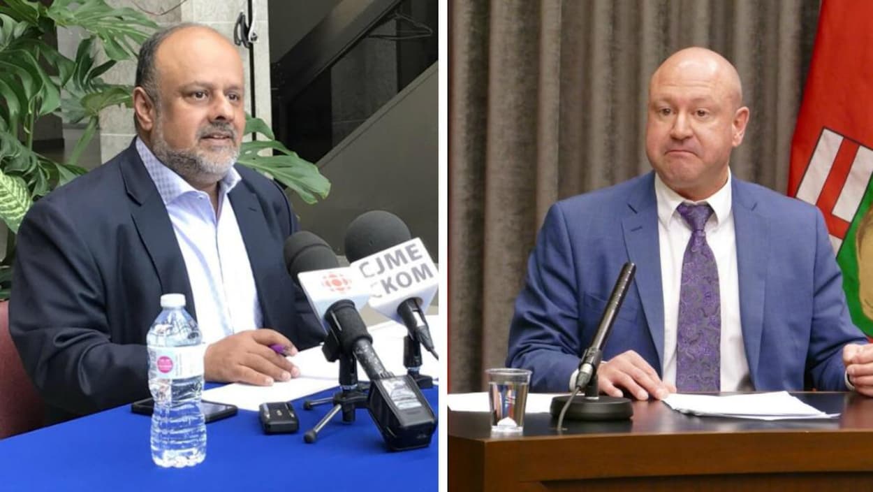 Montage des médecins hygiénistes en chefs de la Saskatchewan, Dr Saqib Shahab, et du Manitoba, Dr Brent Roussin, en conférence de presse.