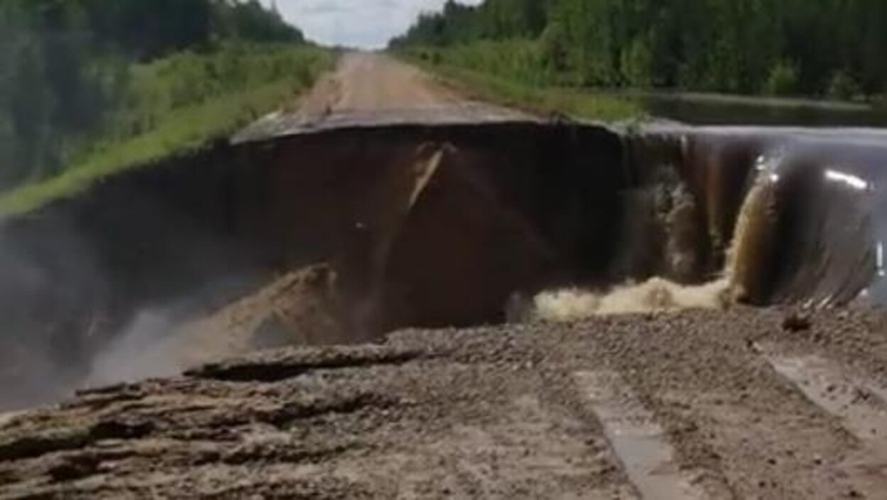Gros plan sur un trou géant au milieu d'une route asphaltée entourée de végétation.