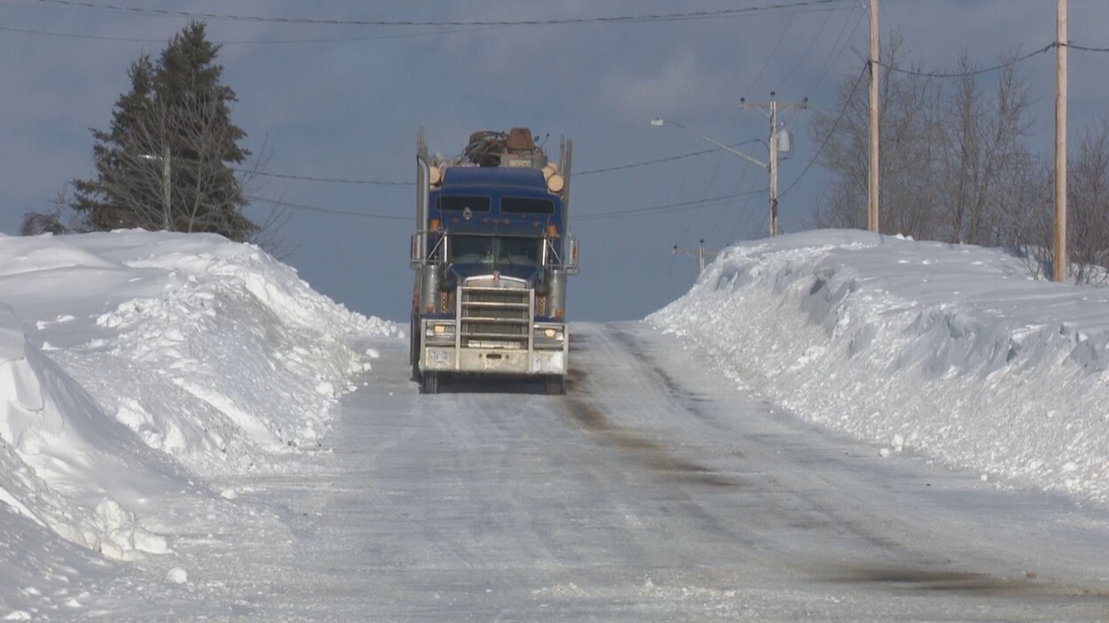 Un camion chargé de bois descend lentement une côte