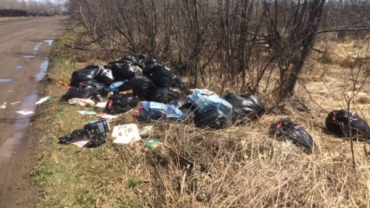 Des sacs de déchets sur le bord d'un chemin.