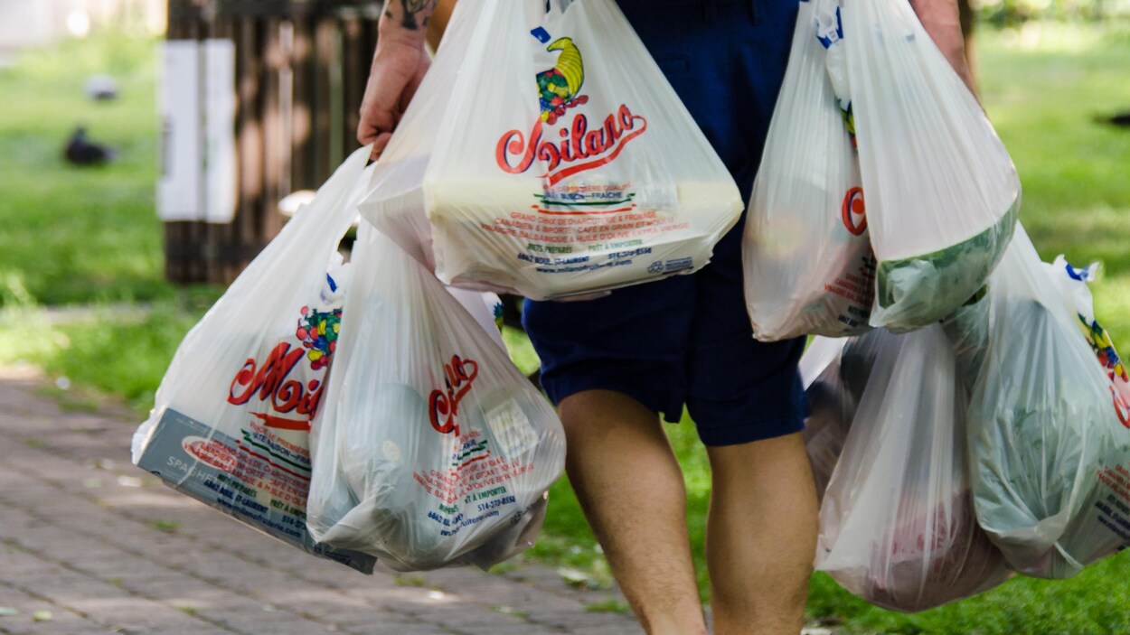 Un Montréalais transporte au moins sept sacs d'emplettes en plastique Un Montréalais transporte au moins sept sacs d'emplettes en plastique