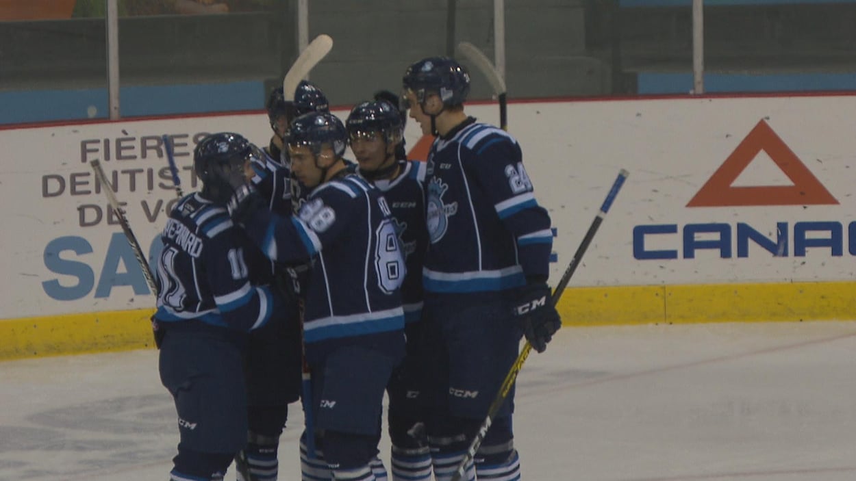 Un groupe de joueurs de hockey se félicitent sur une patinoire.