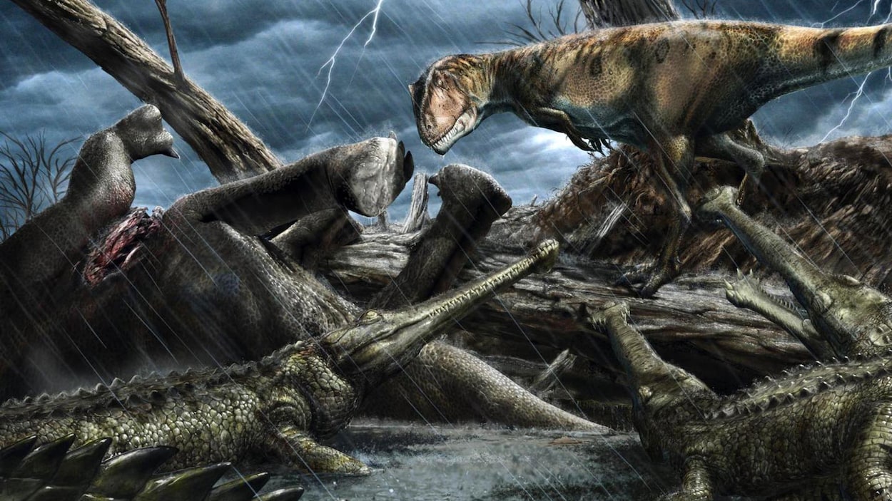 Illustration montrant un Carcharodontosaurus observant un groupe d'Elosuchus près d'une carcasse.