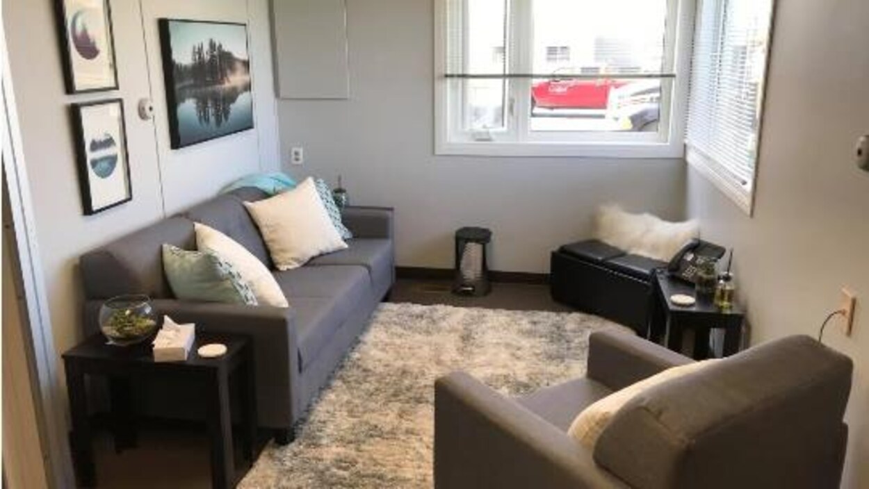 Un canapé et un fauteuil dans une petite salle