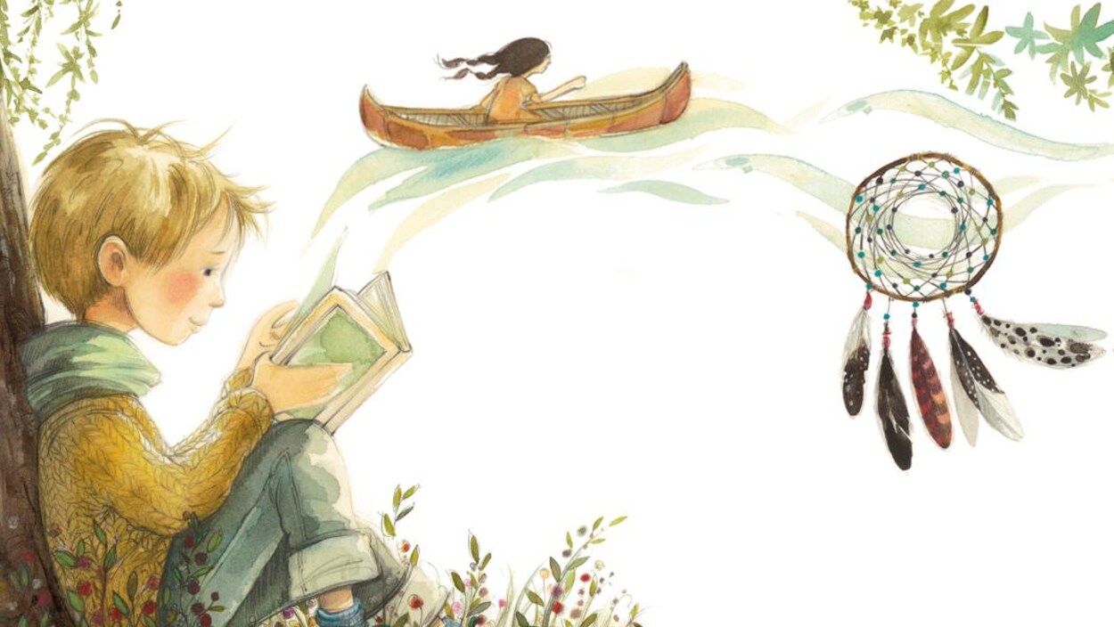 Dessin d'un petit garçon qui lit assis par terre adossé sur un arbre. Dans le haut, on voit une jeune fille dans un cannot et un capteur de rêves plus centré. En haut à droite, on voit des oiseaux et dans le bas un inuksuk.