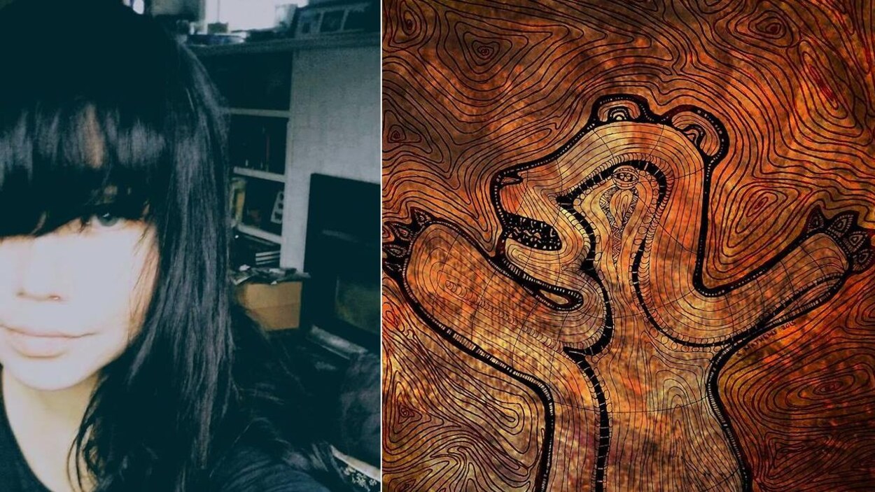 Un autoportrait d'une jeune fille et une oeuvre représentant un ours.
