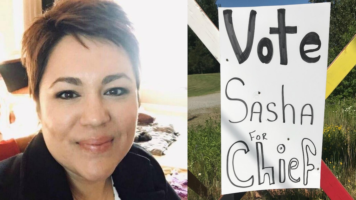Une femme sourit à la caméra et une affiche indique «Vote Sasha for Chief».