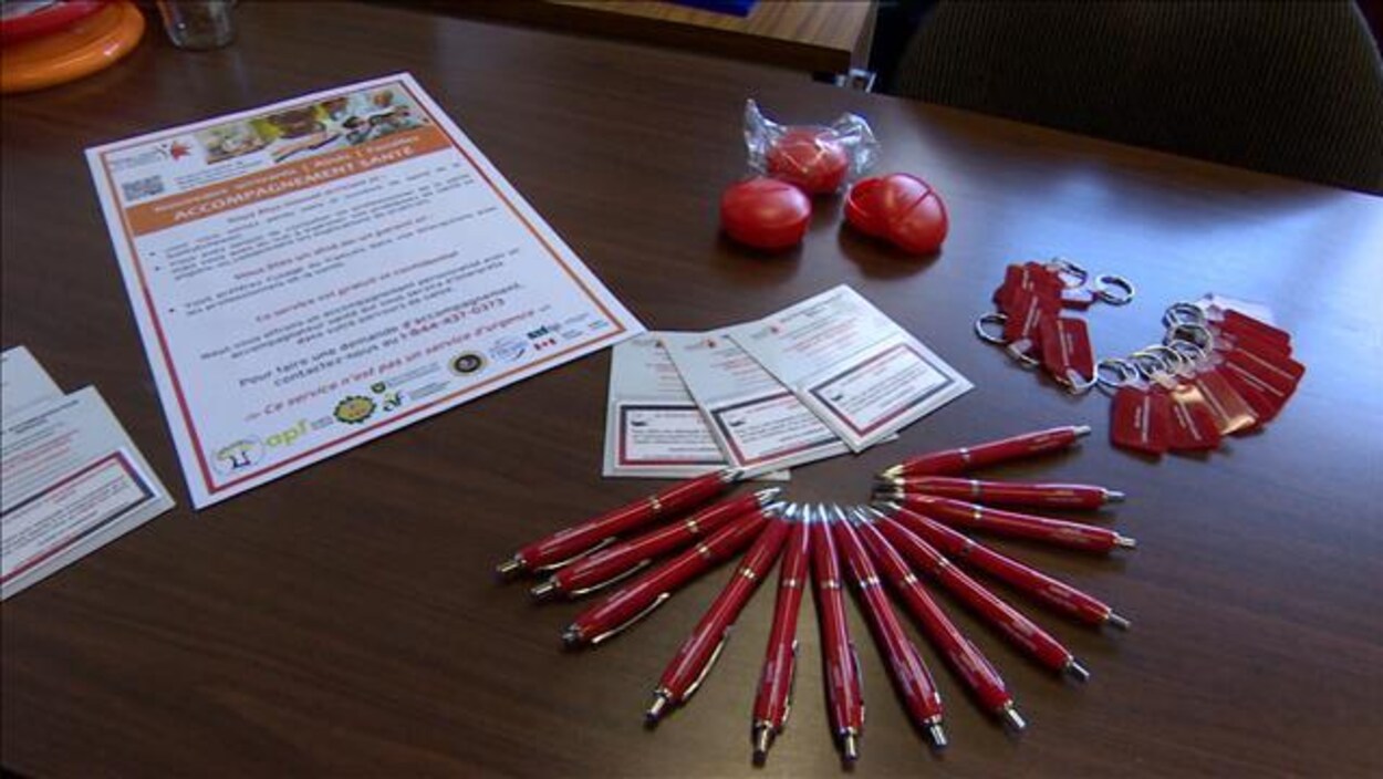 Du matériel promotionnel du Réseau santé en français : crayons, porte-clés, dépliants.