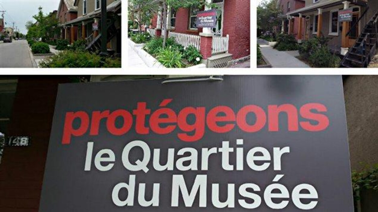 On peut lire en grosses lettres en rouge : protégeons et en blanc le Quartier du Musée On peut lire en grosses lettres en rouge : protégeons et en blanc le Quartier du Musée