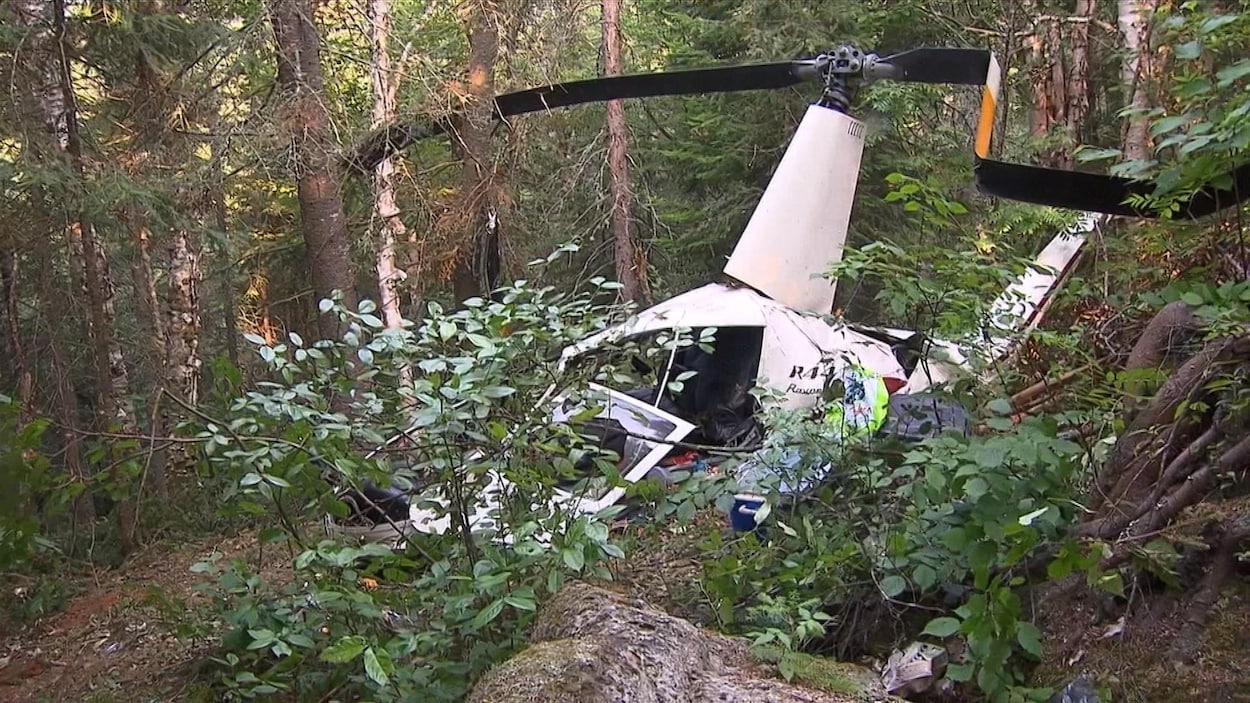 Plan rapproché d'un hélicoptère abîmé en forêt.