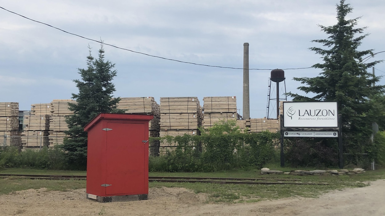 Des planches de bois s'empilent dans la cour de la scierie Lauzon.