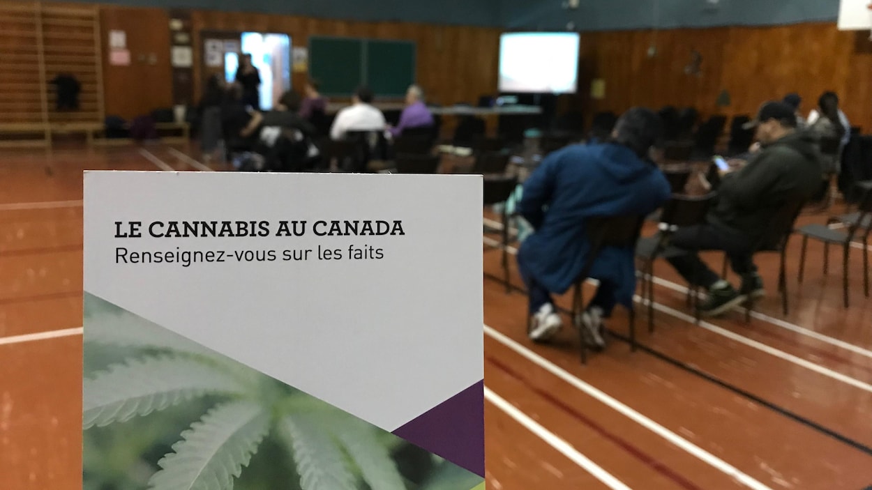 Un dépliant intitulé «Le cannabis au Canada - renseignez-vous sur les faits» est en premier plan lors d'une séance d'Information dans un gymnase.