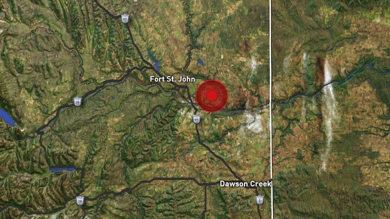 Un gros point indique l'emplacement de l'épicentre du séisme près de Fort St. John.
