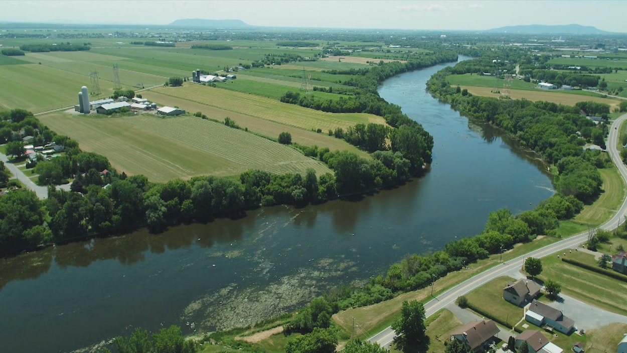 La rivière Yamaska vue des airs et quelques terres agricoles qui la bordent.