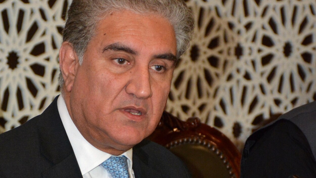 Shah Mehmood Qureshi parle dans un micro l'index levé.