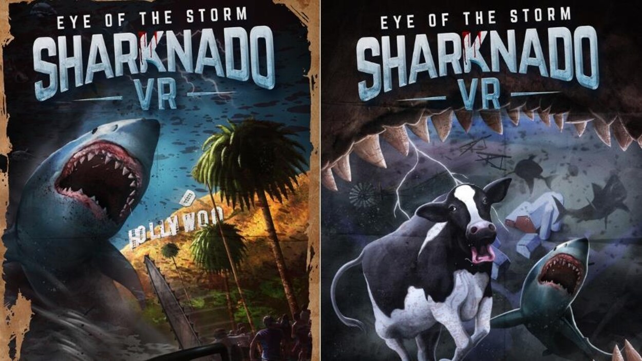 Deux affiches du jeu vidéo Sharknado côte-à-côte. À gauche, une tronçonneuse face à un requin. À droite, une vache vue de la gueule d'un requin.
