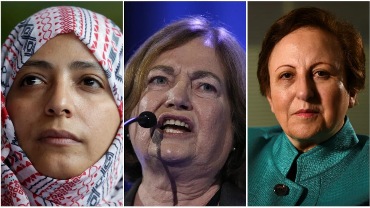 Trois lauréates du prix Nobel de la paix : l'Iranienne Shirin Ebadi, la Yéménite Tawakkol Karman et la Nord-Irlandaise Mairead Maguire