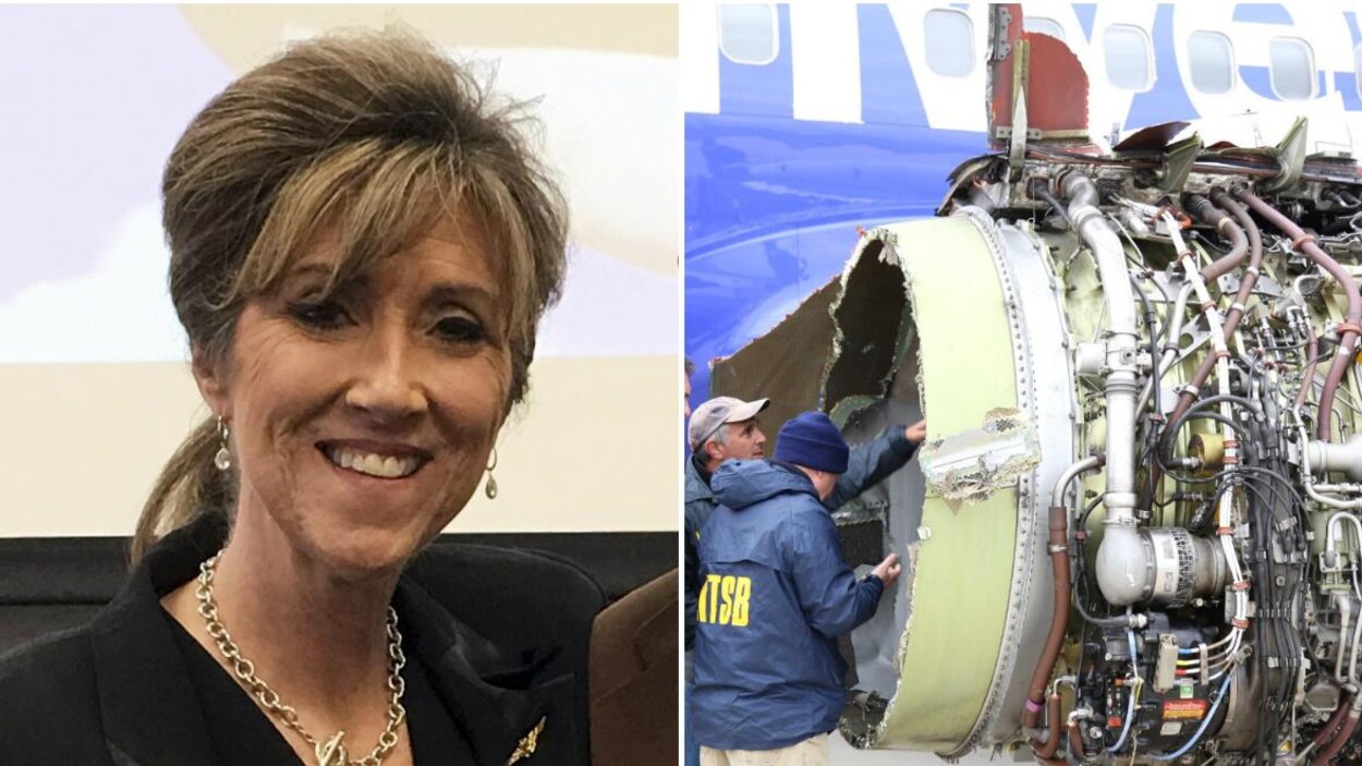 Tammie Jo Shults (à gauche) était aux commandes du Boeing 737 de la compagnie Southwest Airlines lorsqu'un moteur (à droite) a explosé en plein vol, le 17 avril 2018. Tammie Jo Shults (à gauche) était aux commandes du Boeing 737 de la compagnie Southwest Airlines lorsqu'un moteur (à droite) a explosé en plein vol, le 17 avril 2018.
