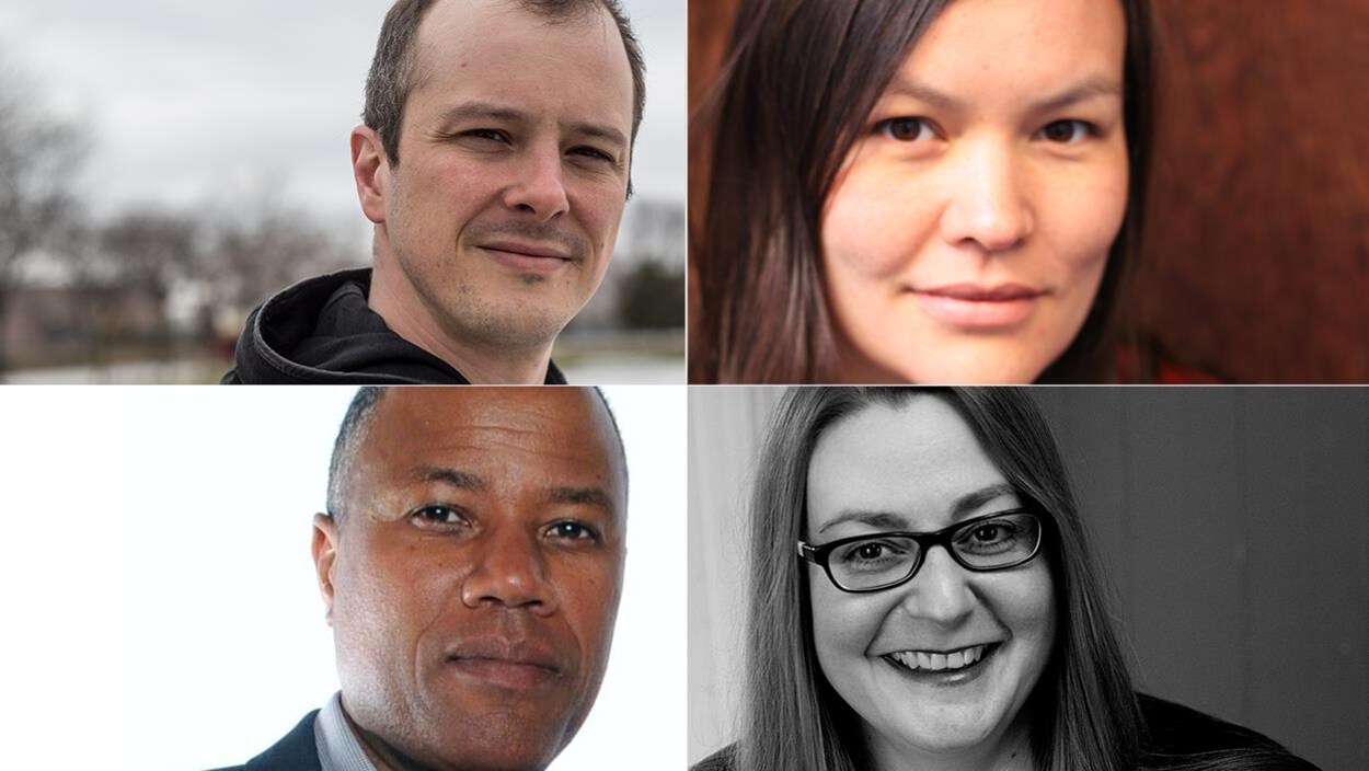 Montage des portraits des 4 membres du comité de sélection du Prix de la nouvelle Radio-Canada 2019 : Simon Brousseau, Nahka Bertrand, Guy Bélizaire et Camille Deslauriers