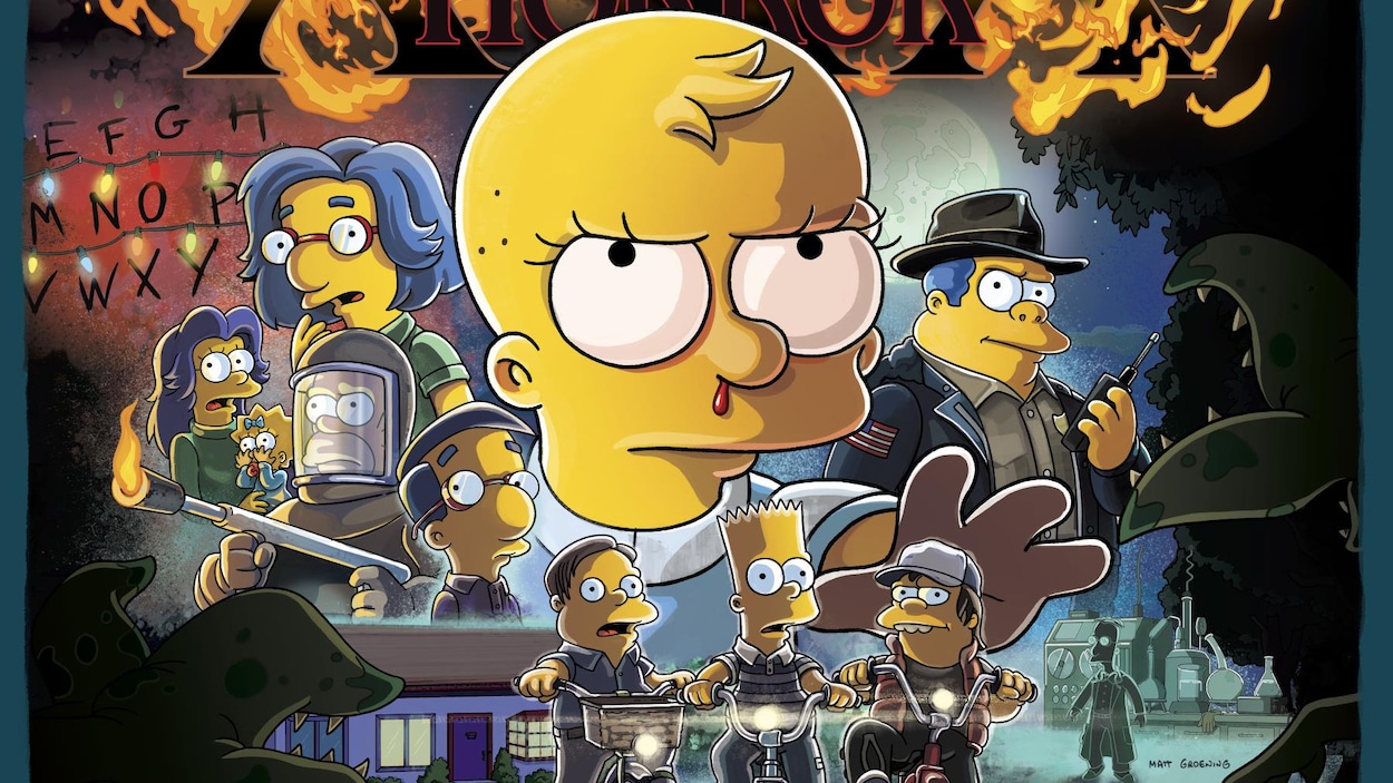 Sur une affiche, on voit de nombreux personnages de l'univers des « Simpson » transposés dans celui de « Stranger Things ».