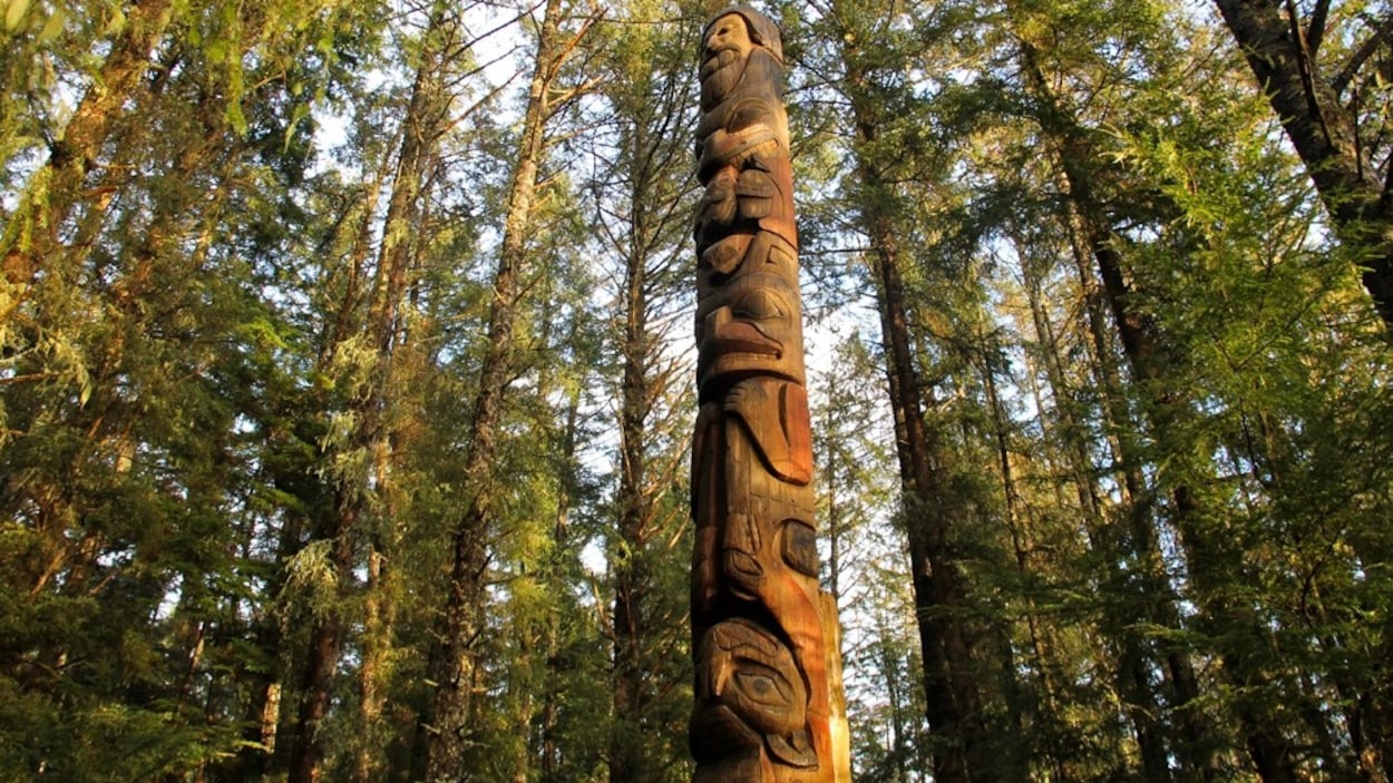 Un totem situé sur l'un des sentiers du parc national de Sitka, en Alaska Un totem situé sur l'un des sentiers du parc national de Sitka, en Alaska
