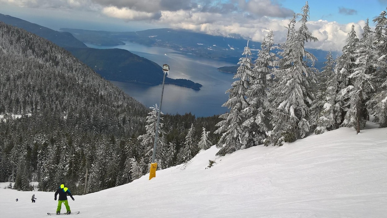 Un surfeur évolue sur une piste de la station de ski Cypress Mountain entouré d'arbres enneigés et avec au loin un aperçu de la mer. Un surfeur évolue sur une piste de la station de ski Cypress Mountain entouré d'arbres enneigés et avec au loin un aperçu de la mer.