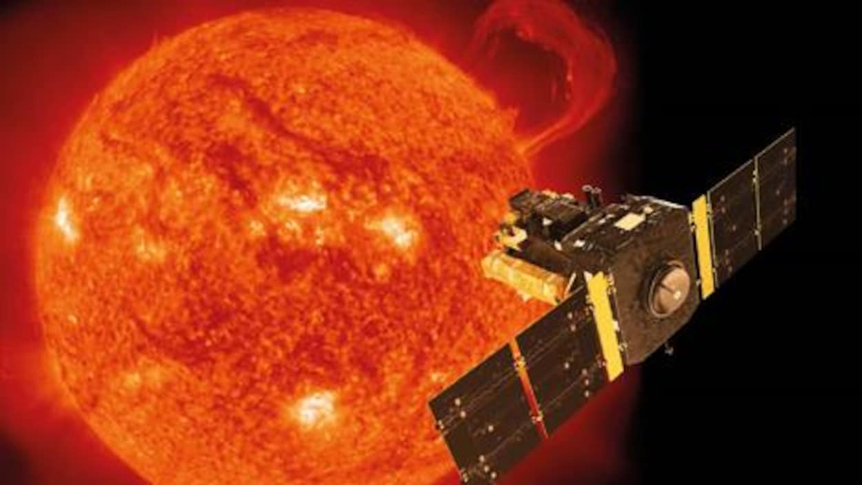 Représentation artistique de la sonde SOHO en orbite autour du Soleil.